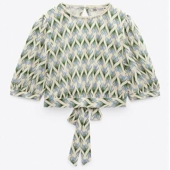 Zara Open Back Crop Top Small Floral Puff Sleeves Cottage Boho Preppy Vacation - Picture 4 of 15